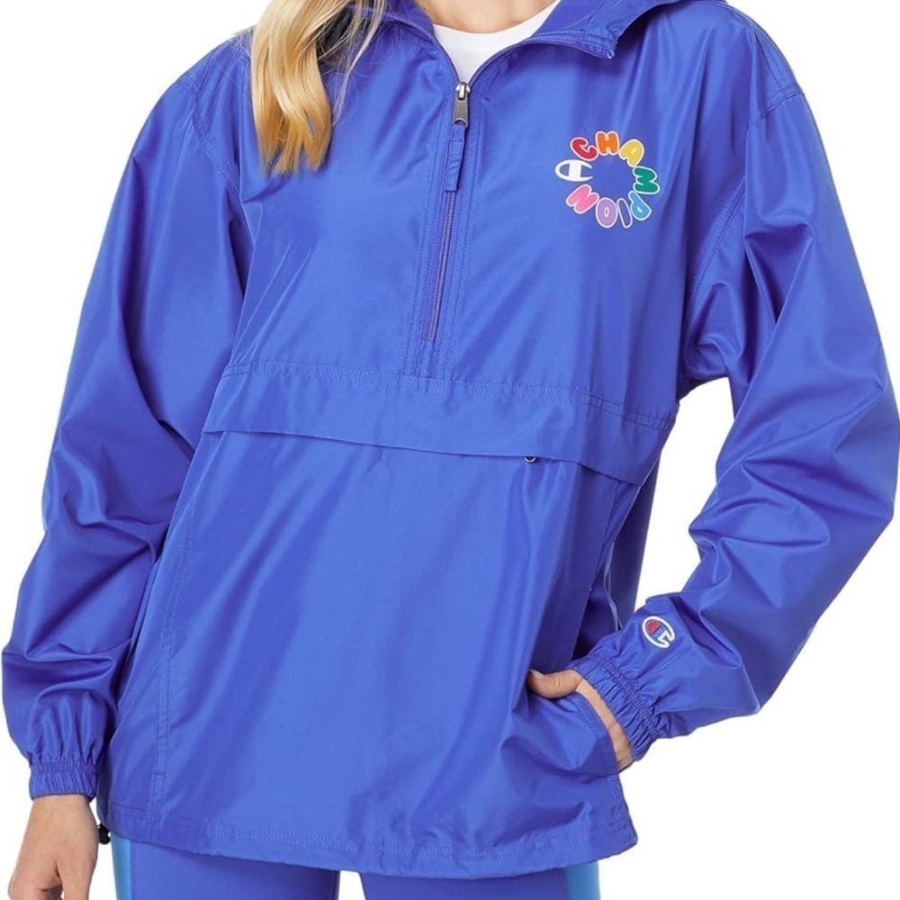 🆕 CHAMPION Packable Jacket Water Wind Resistant Hooded Pullover Blue Large